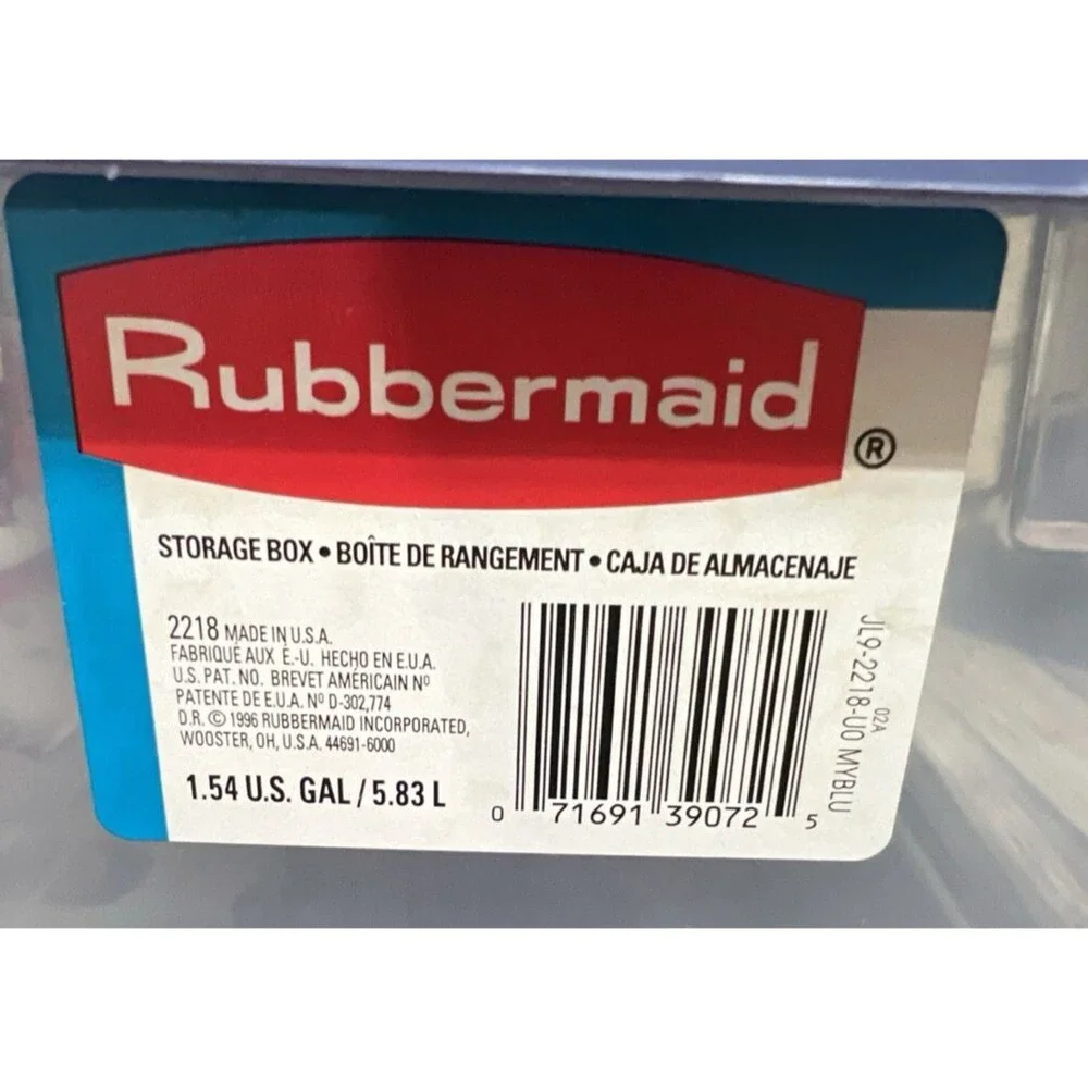 Vintage Rubbermaid Storage Box 1.54 Gal Blue Lid Plastic Clear Rectangle  2218